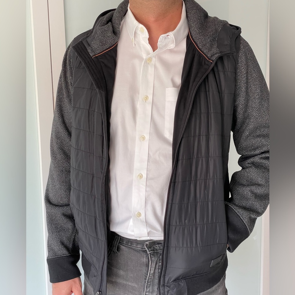 Black mixed media puffer jacket with hood